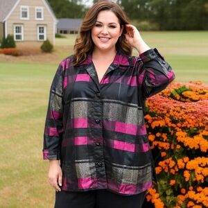 Drapers & Damons Metallic Plaid Top 3X Plus Size Satin Evening Button‎ Up Front